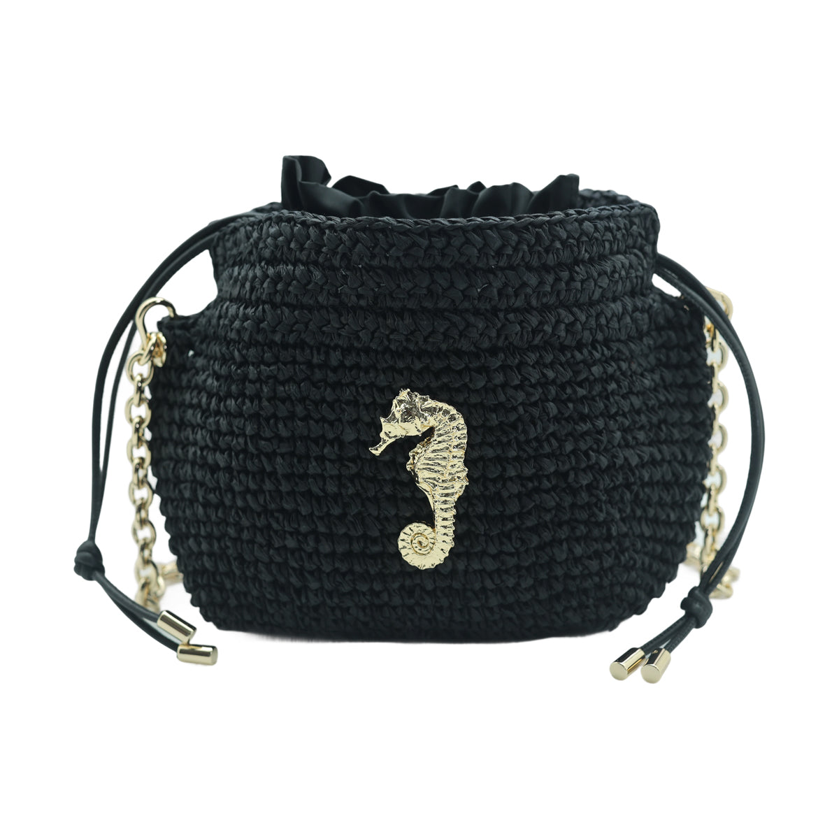 Raffia Bucket Bag With Emblem Black