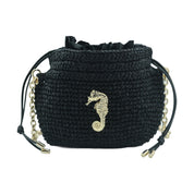 Raffia Bucket Bag With Emblem Black