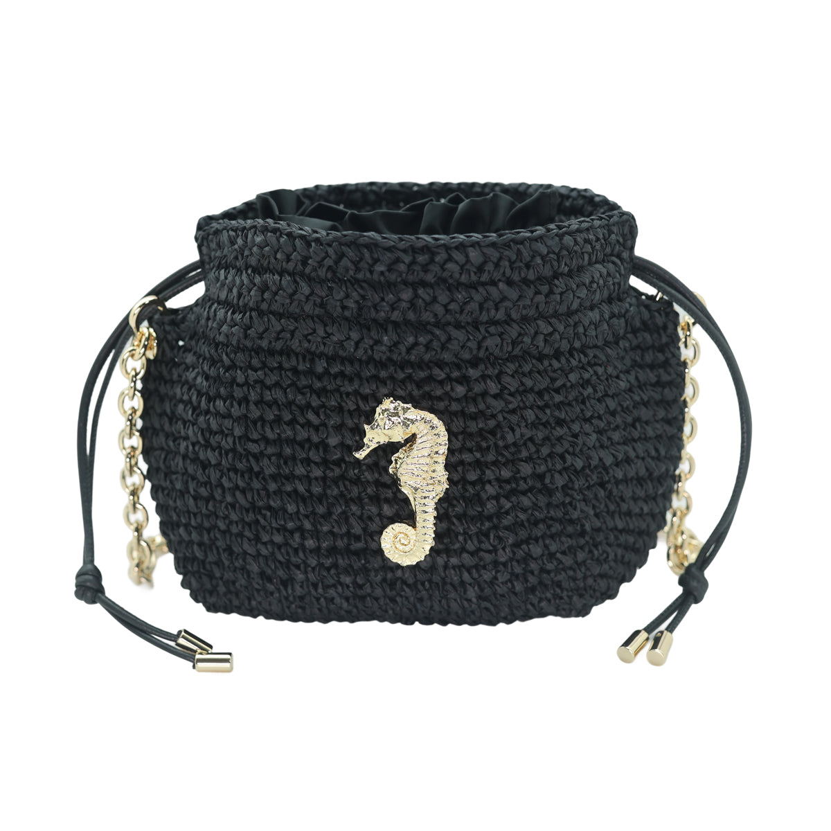 Raffia Bucket Bag With Emblem Black