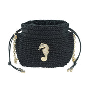 Raffia Bucket Bag With Emblem Black