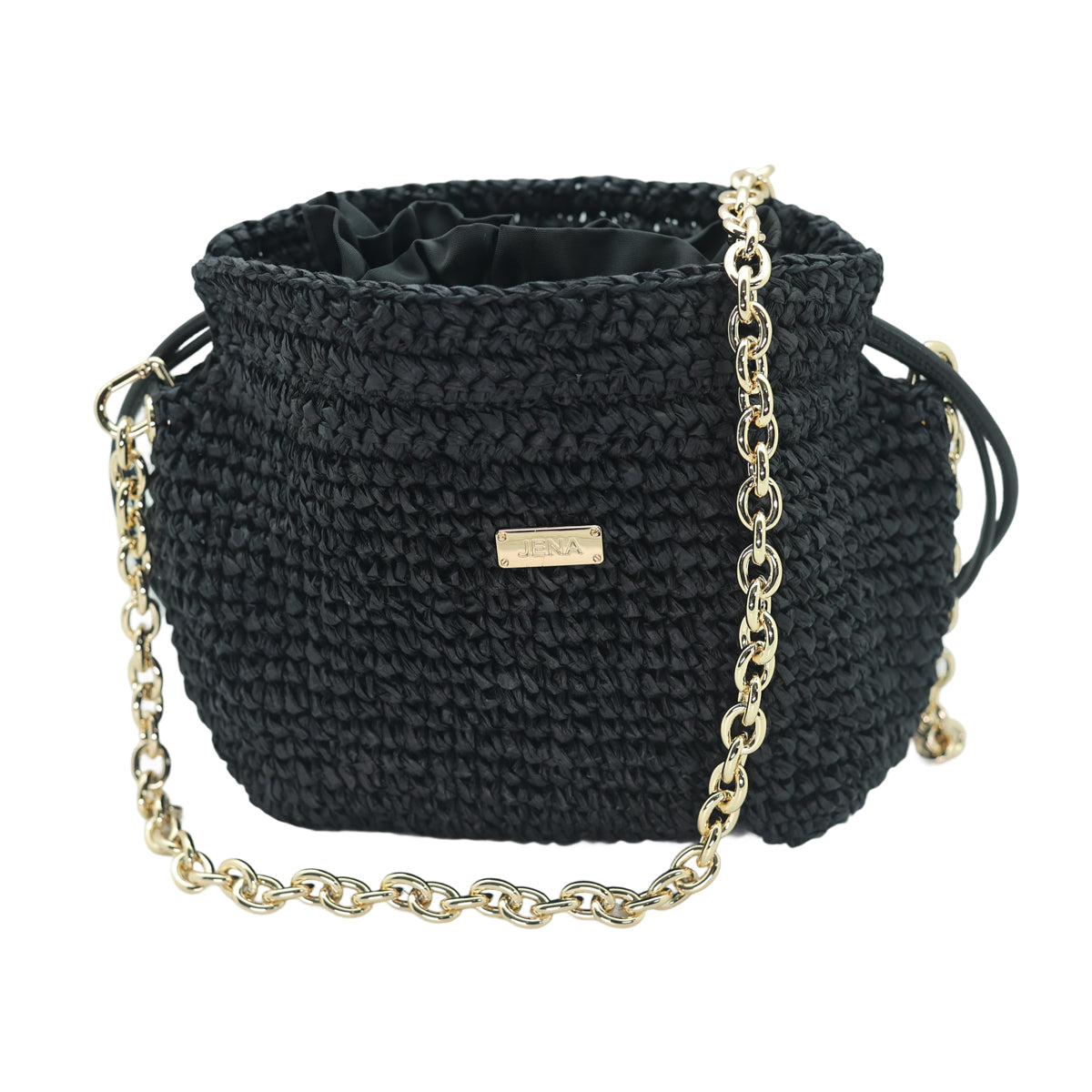 Raffia Bucket Bag With Emblem Black