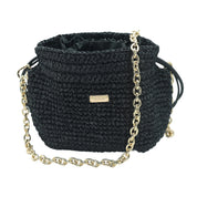 Raffia Bucket Bag With Emblem Black