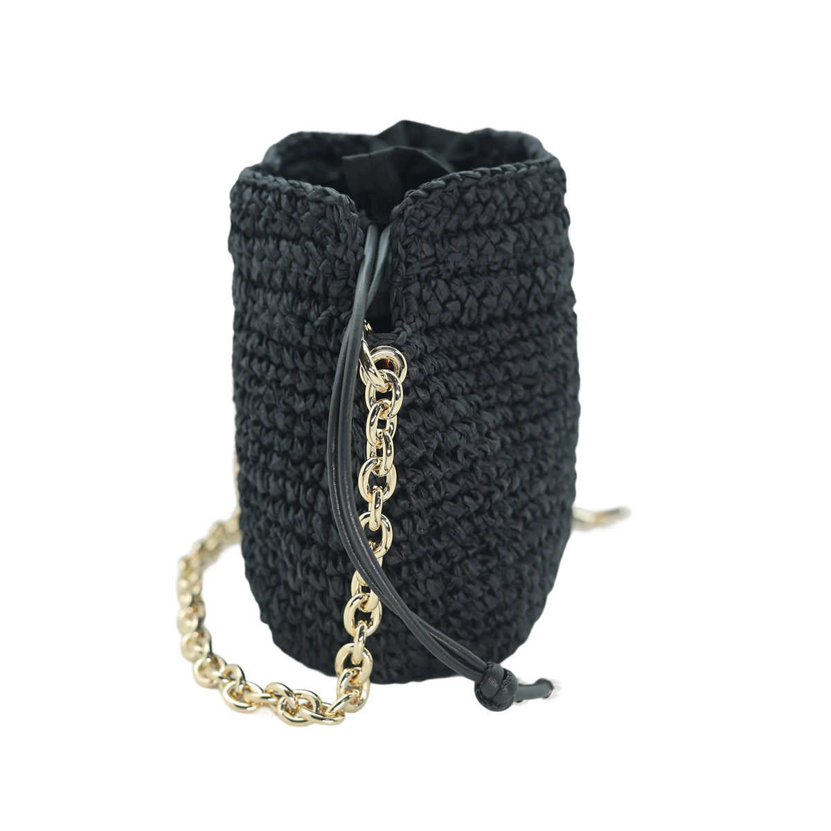 Raffia Bucket Bag With Emblem Black