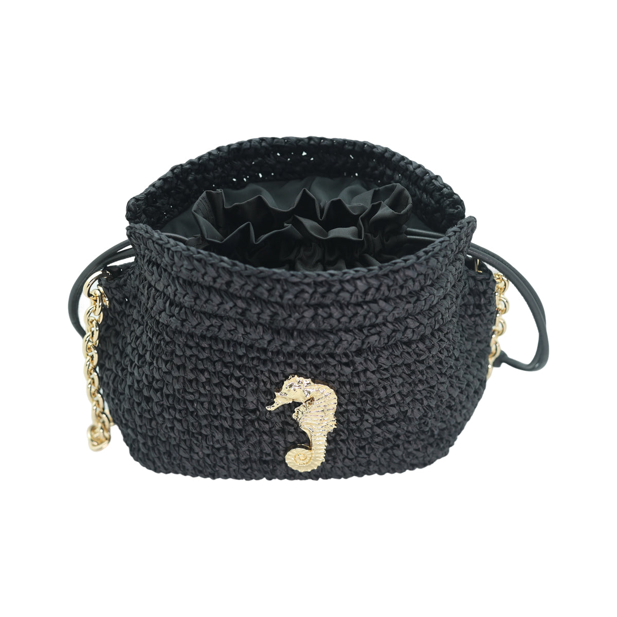 Raffia Bucket Bag With Emblem Black