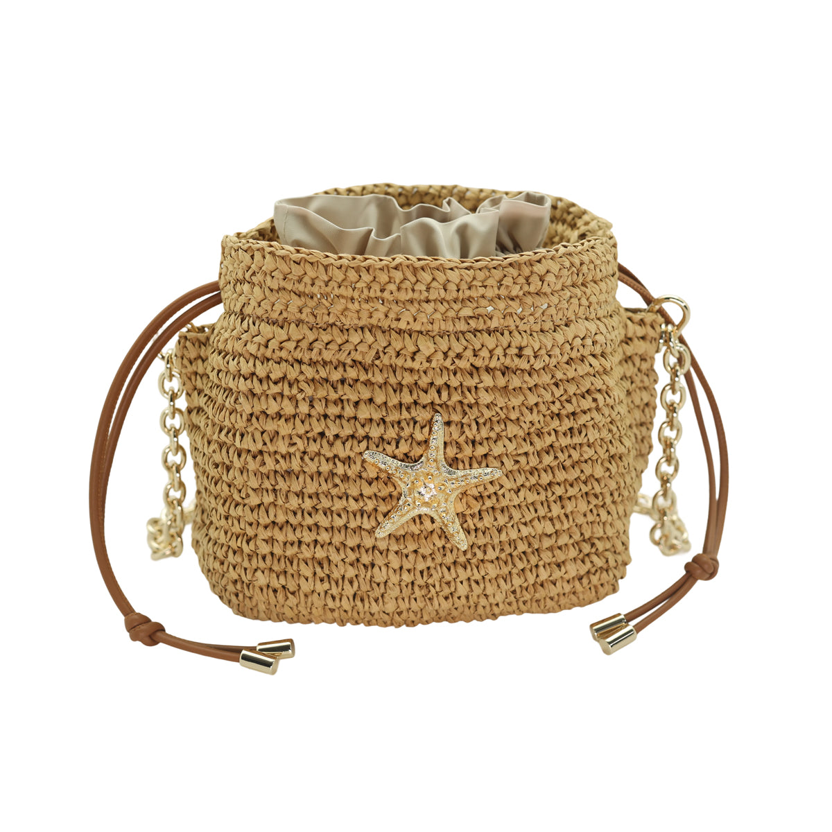 Raffia Bucket Bag With Emblem Brown