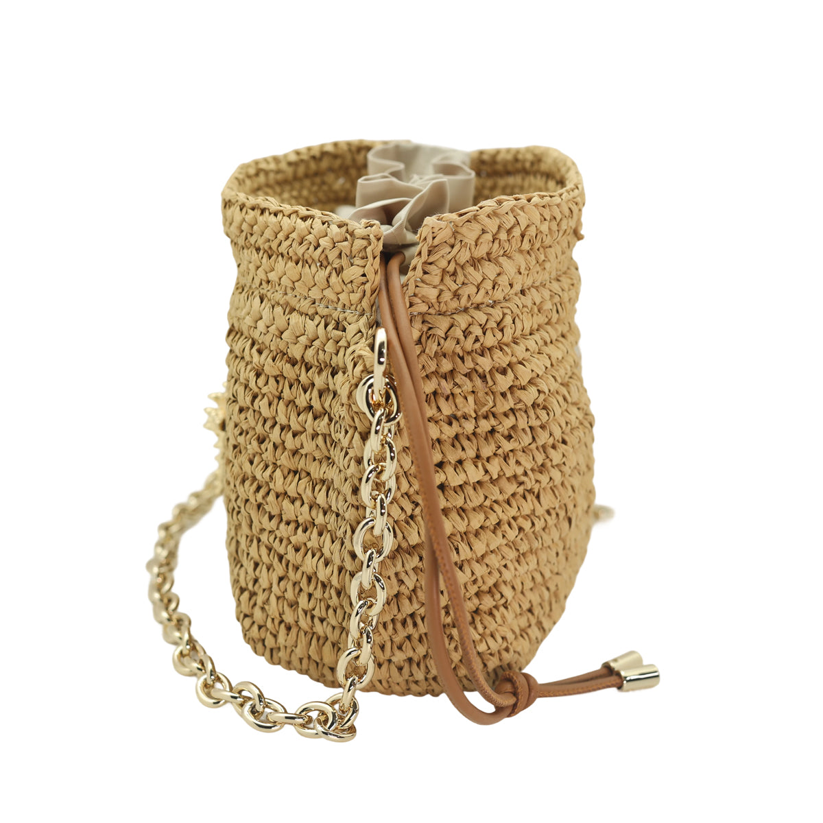 Raffia Bucket Bag With Emblem Brown