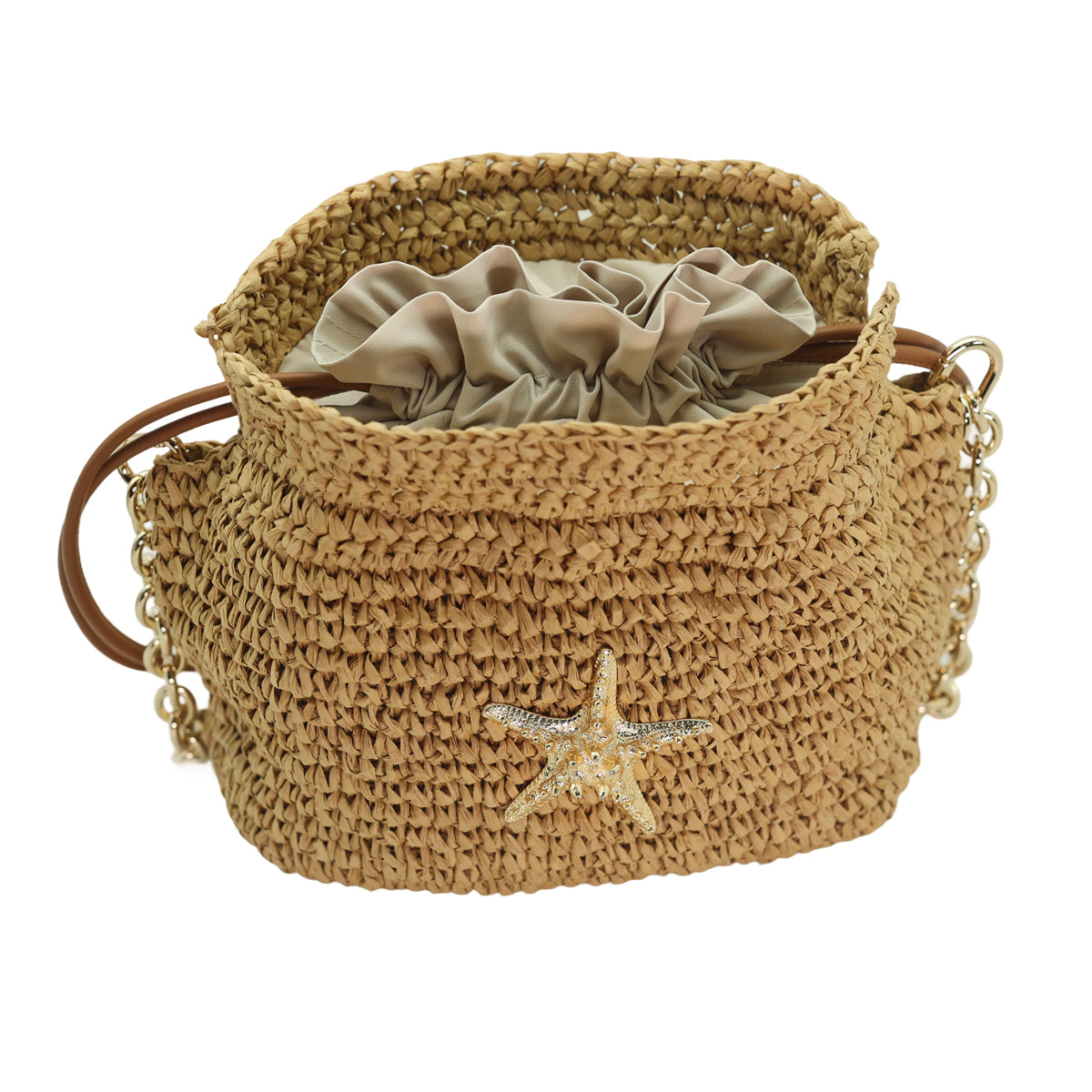 Raffia Bucket Bag With Emblem Brown