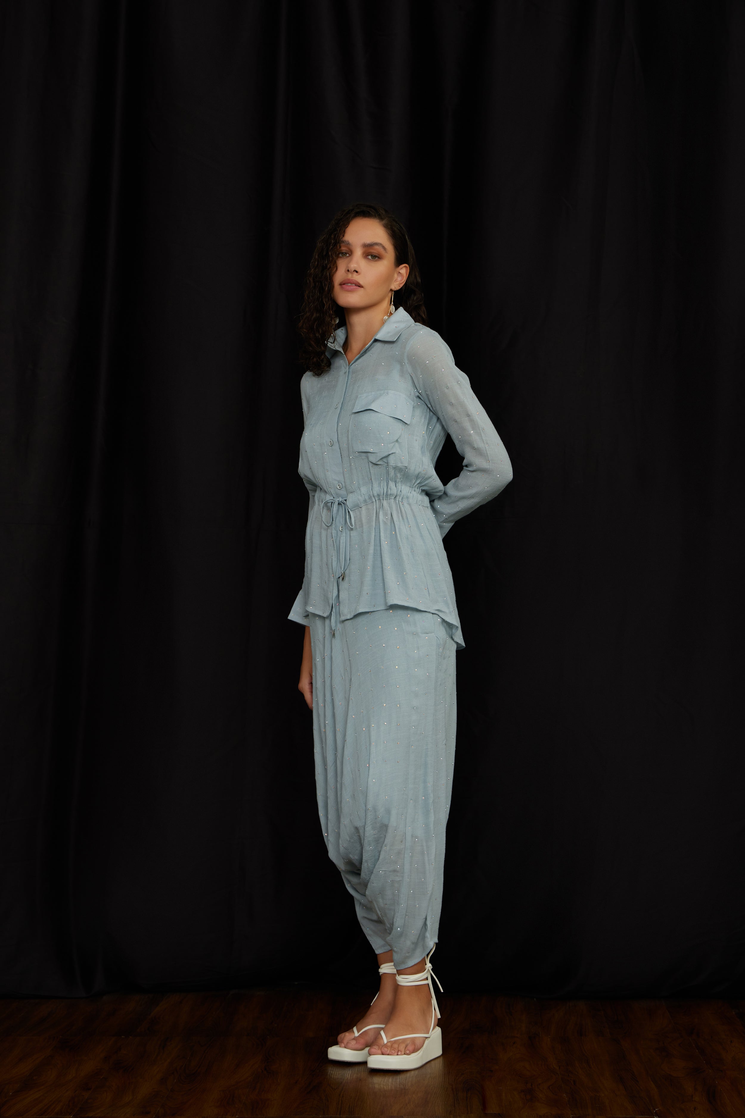 Light Grey Drawstring Shirt Set