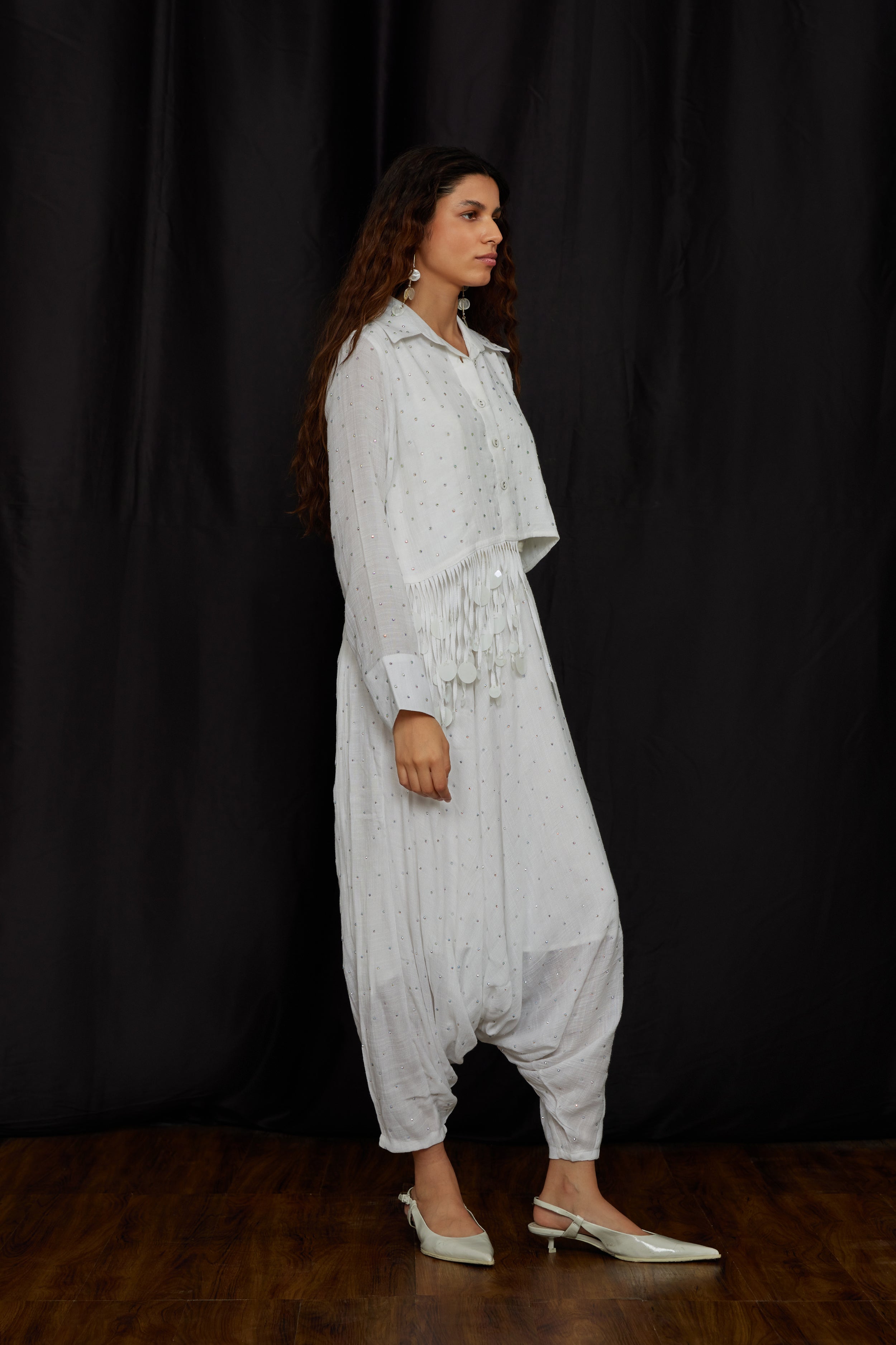 White Crop Jhalar Shirt Set