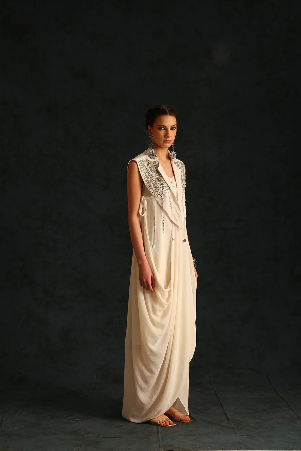 Cowl Dress With A Cape Blazer Waistcoat