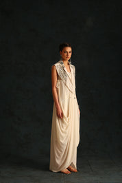 Cowl Dress With A Cape Blazer Waistcoat