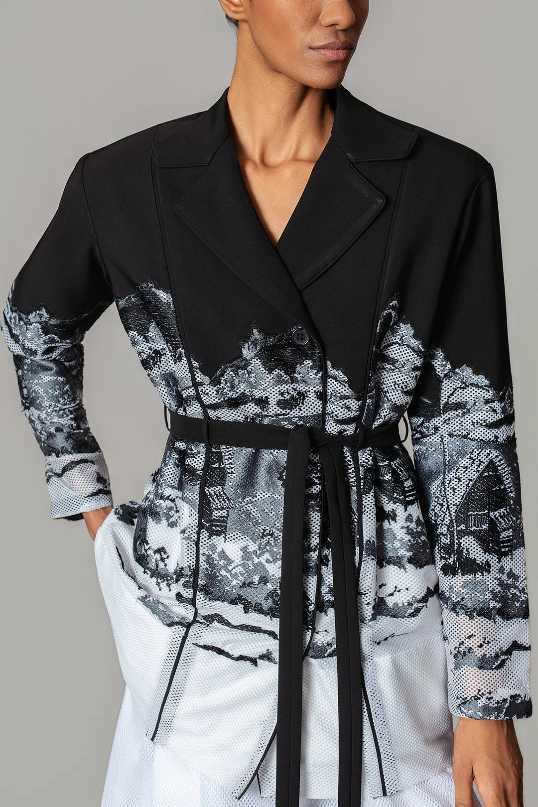 B&W Hokusai Embroidered Long Dress