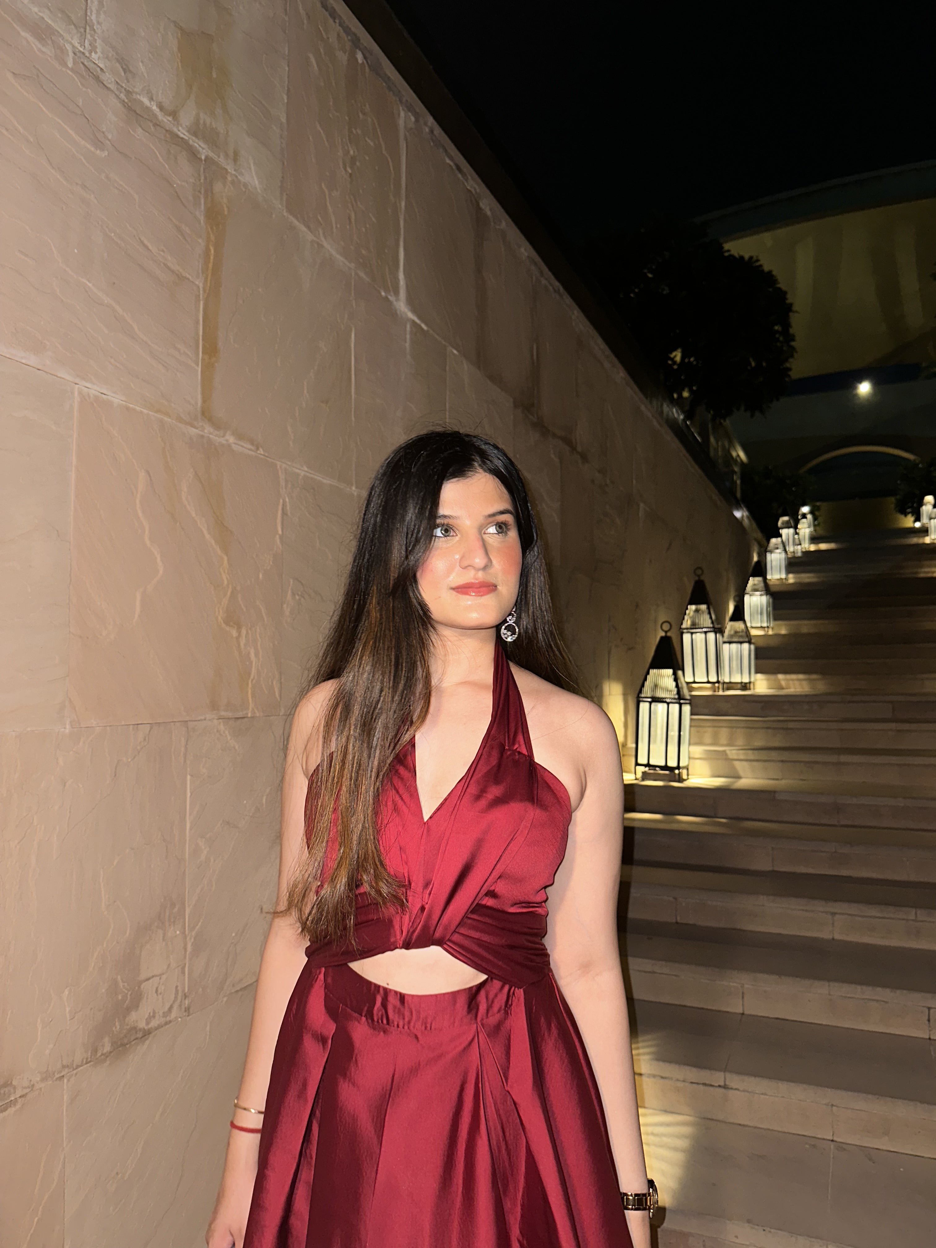 Red Halter Neck Box Pleat Dress