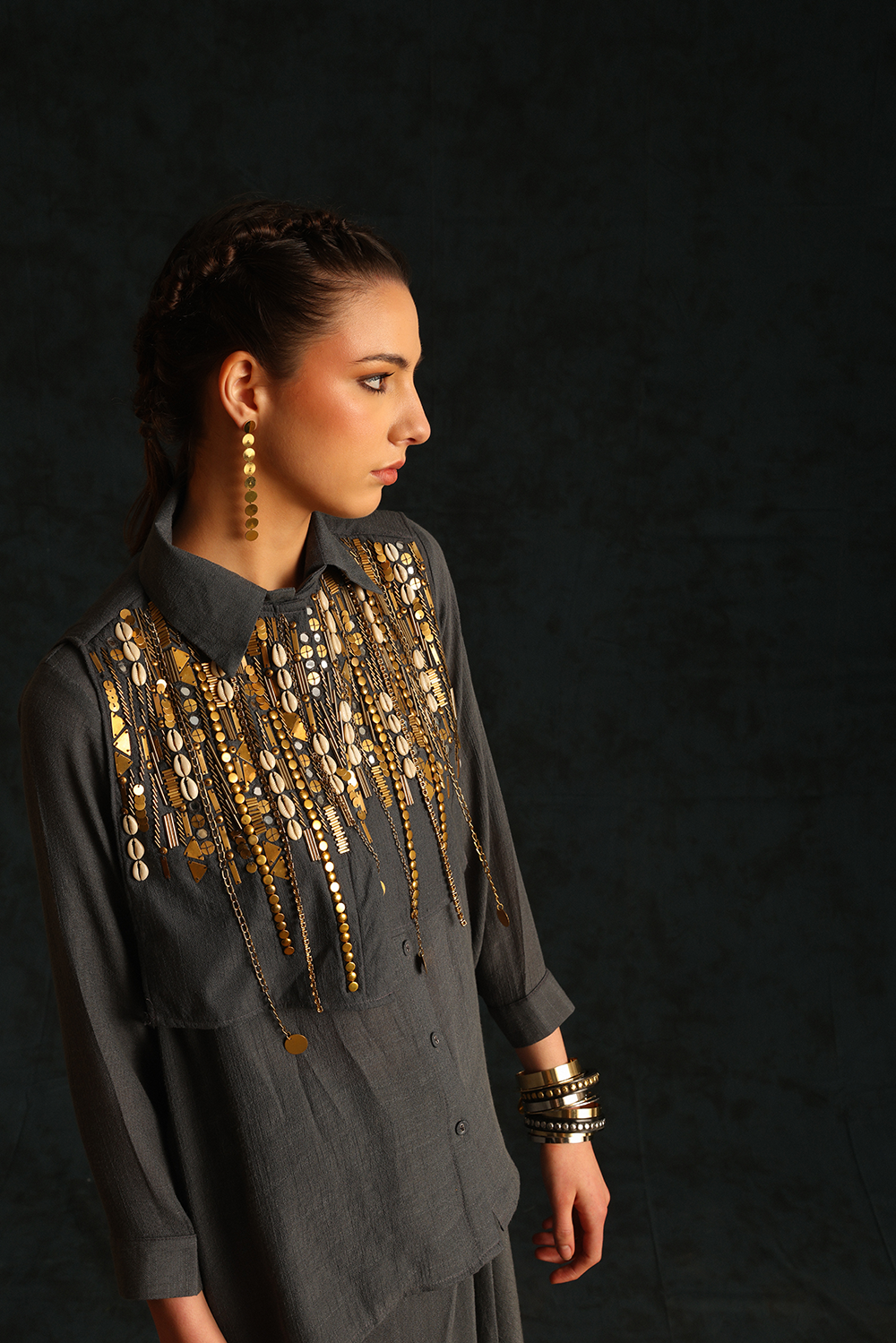 Dark Grey Heart Shirt Set With A Panel Waistcoat