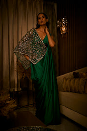 Emerald Green Draped Saree Paired with Embroidered Tulle Cape
