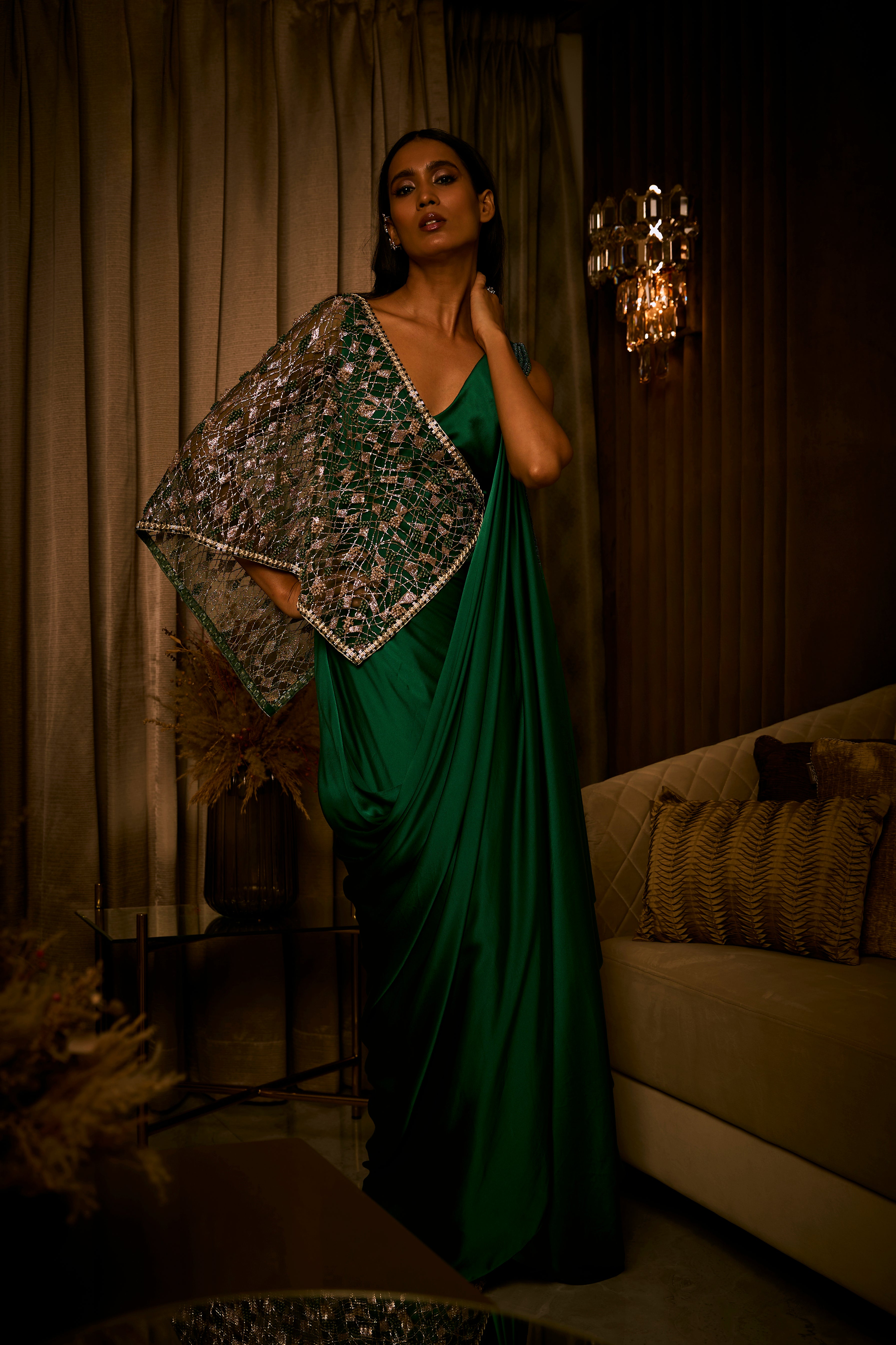 Emerald Green Draped Saree Paired with Embroidered Tulle Cape