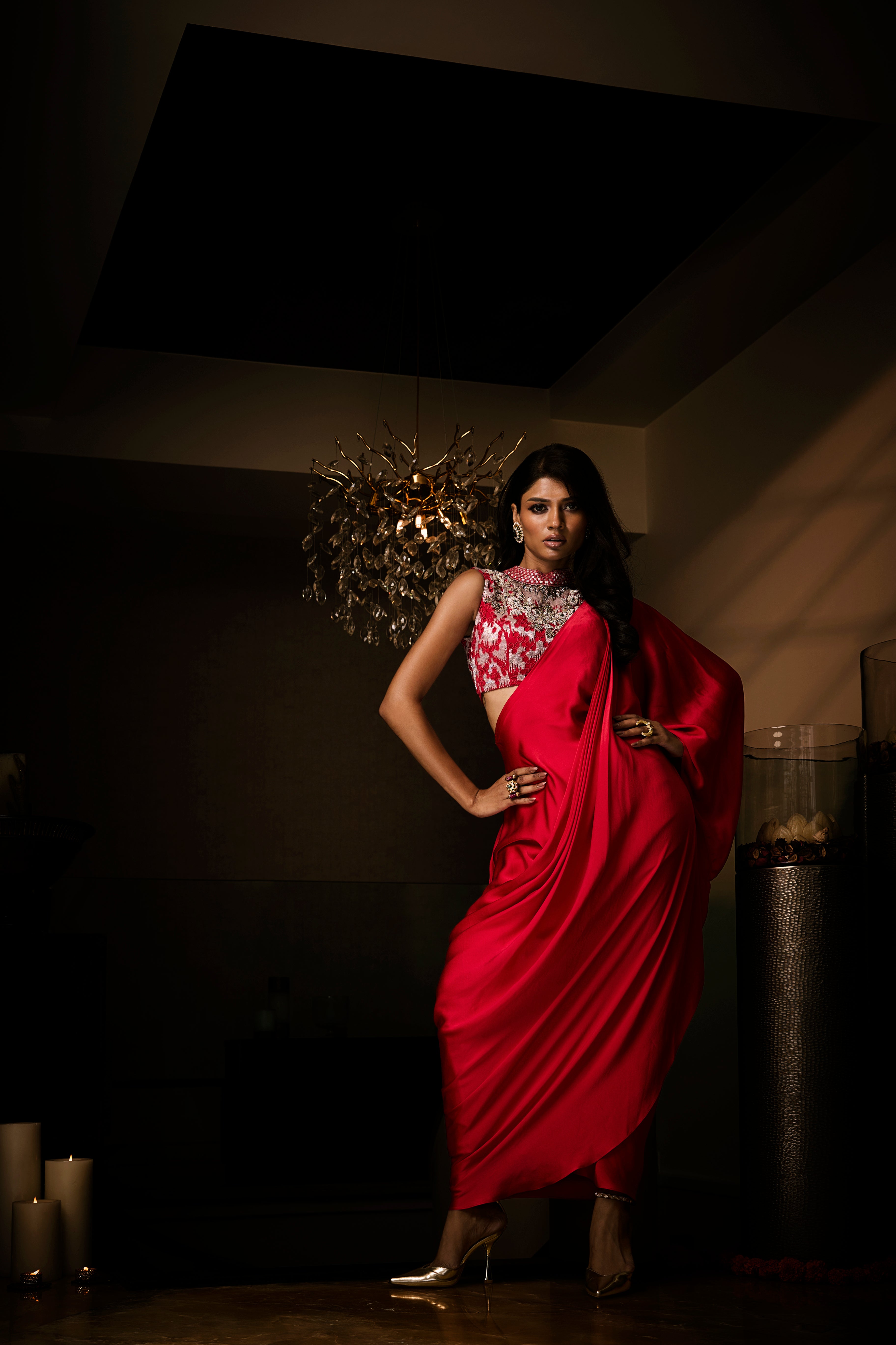 Sangria Silk Satin Pre Draped Saree