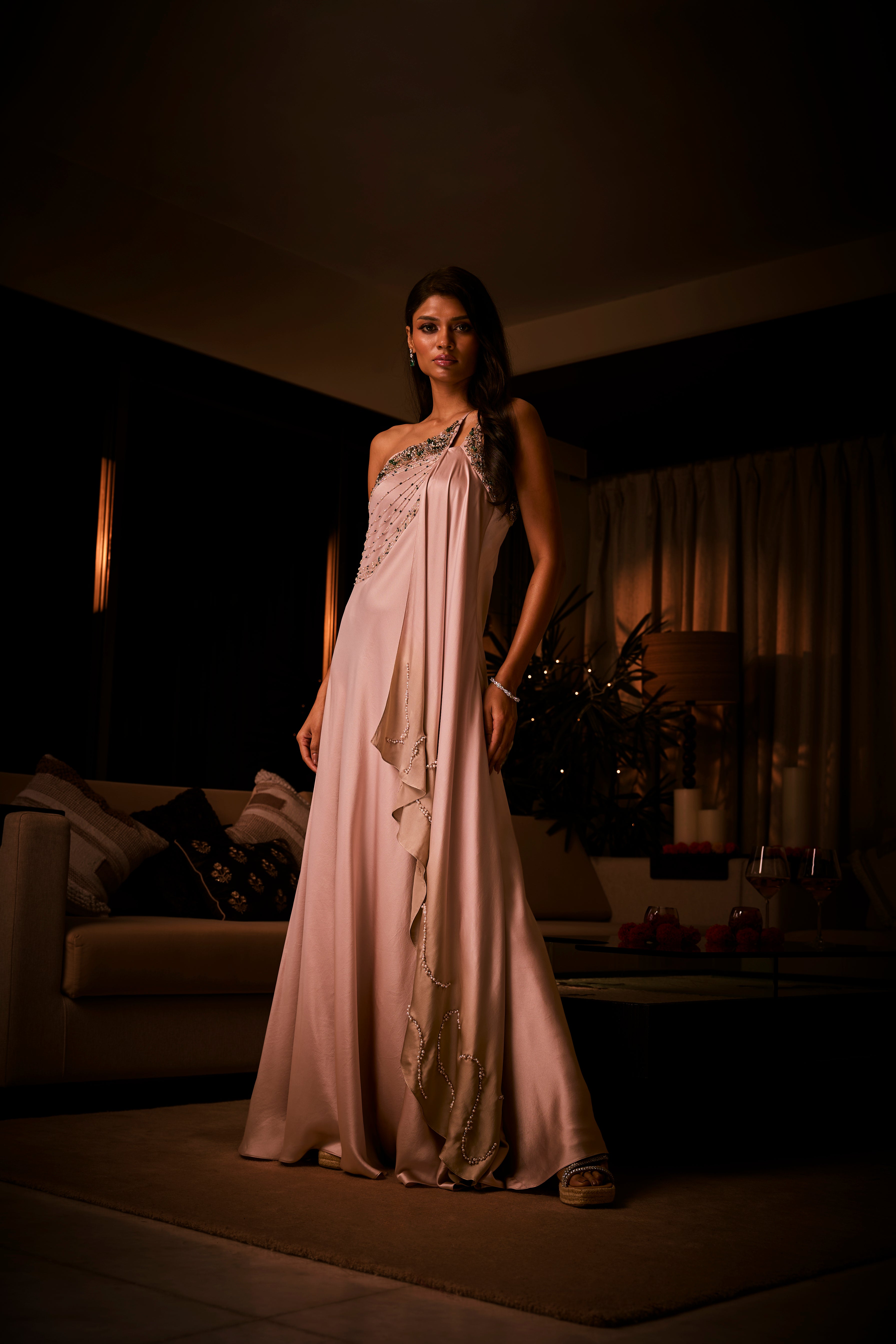 Pure Silk Satin One Shoulder Gown