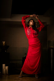Sangria Silk Satin Cowl Skirt Paired with an Organza Shirt