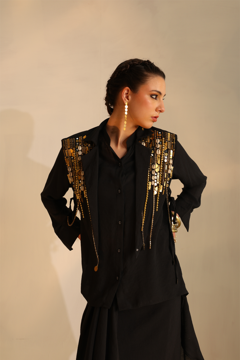 Black Waterfall Shirt Set With A Cape Blazer Waistcoat