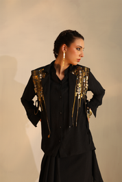 Black Waterfall Shirt Set With A Cape Blazer Waistcoat