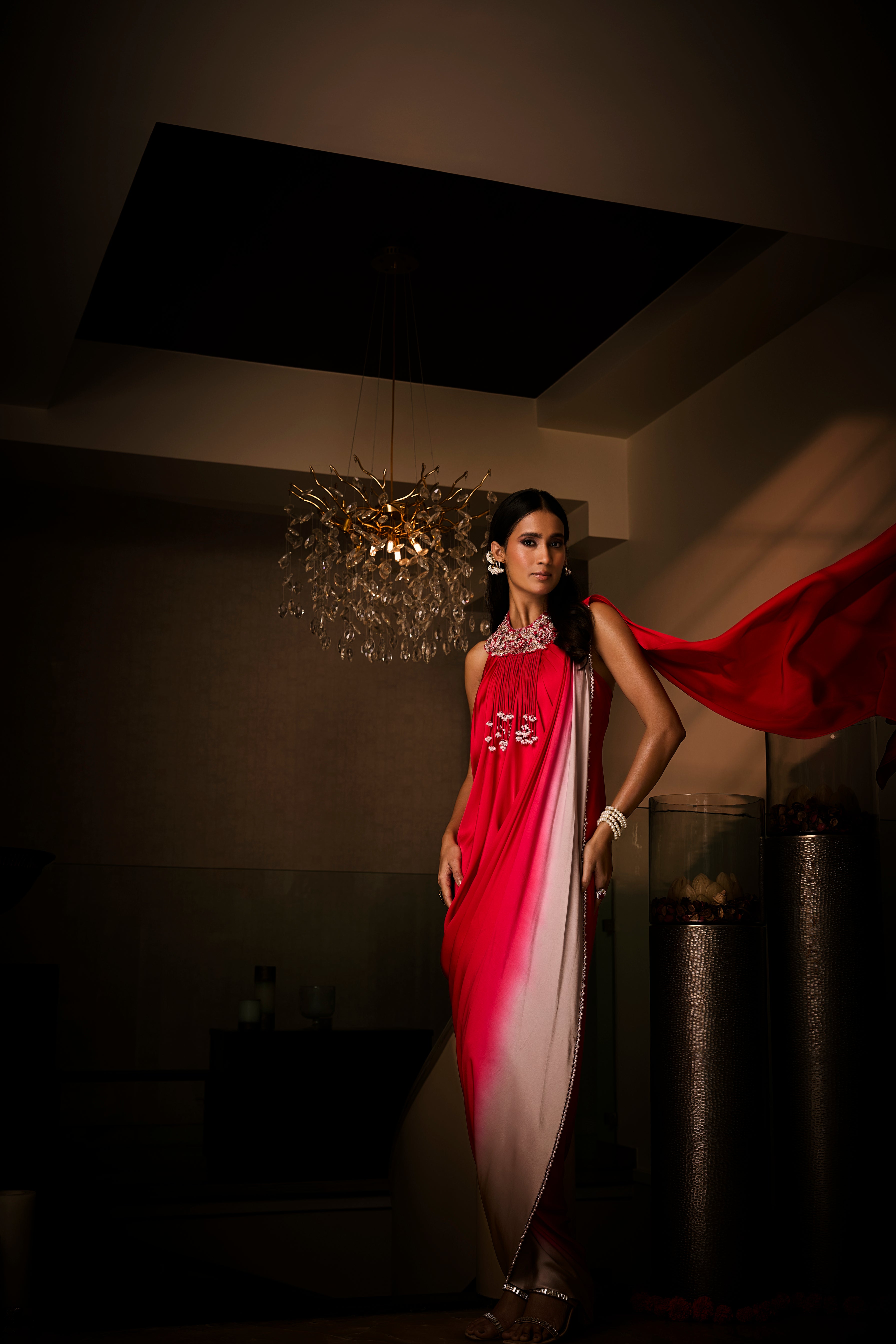 Sangria Silk Satin Pre Draped Saree Gown