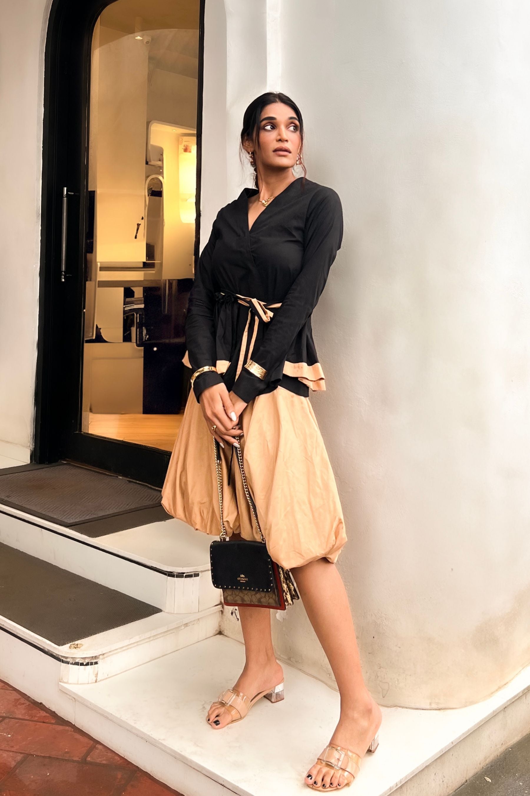 Black Belted Wrap Cotton Top With Beige Balloon Skirt