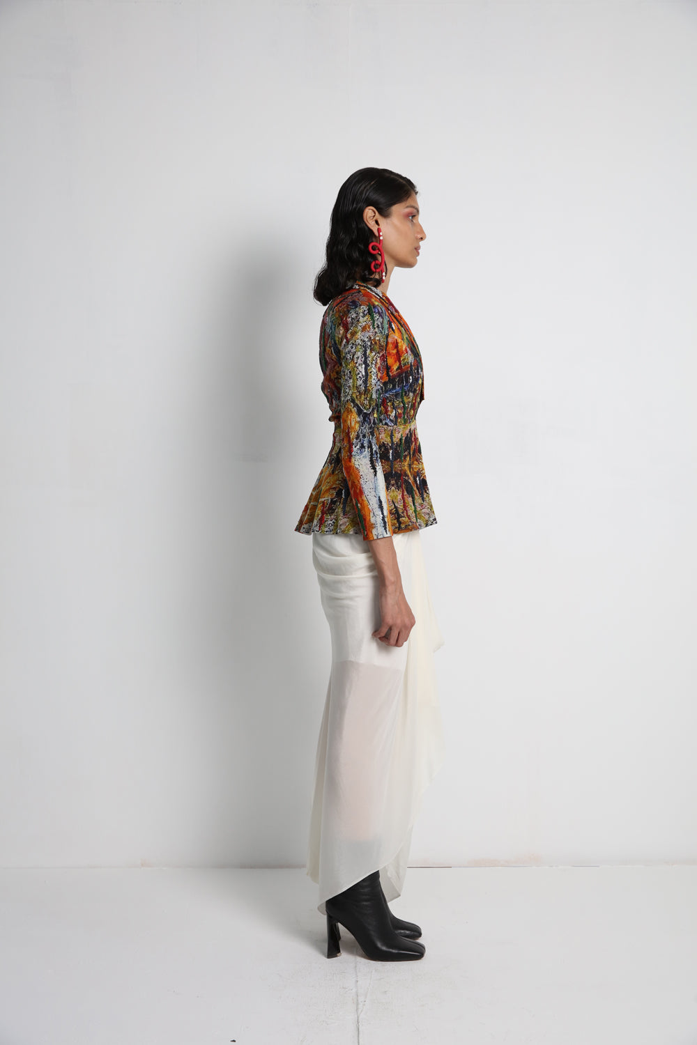 Flowers Long Jacket With Off White Drape Skirt