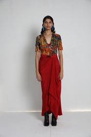 Flowers Jacket With Red Drape Skirt