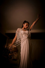 Ivory Draped Dress Paired With Geometric Embellished Cape Jacket
