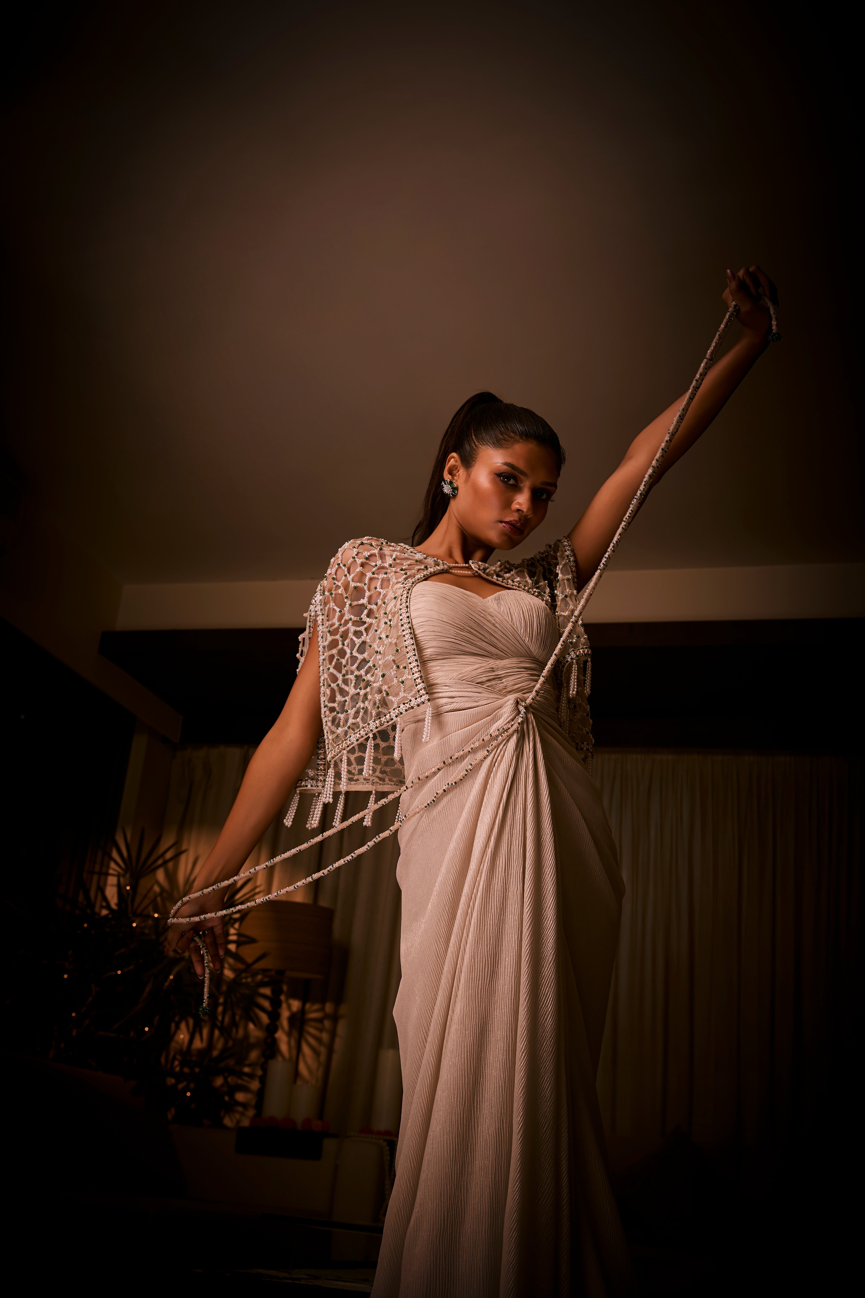 Ivory Draped Dress Paired With Geometric Embellished Cape Jacket