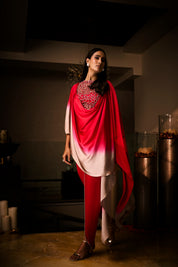Pure Silk Satin Sangria Ombre Tunic With Tulip Pants