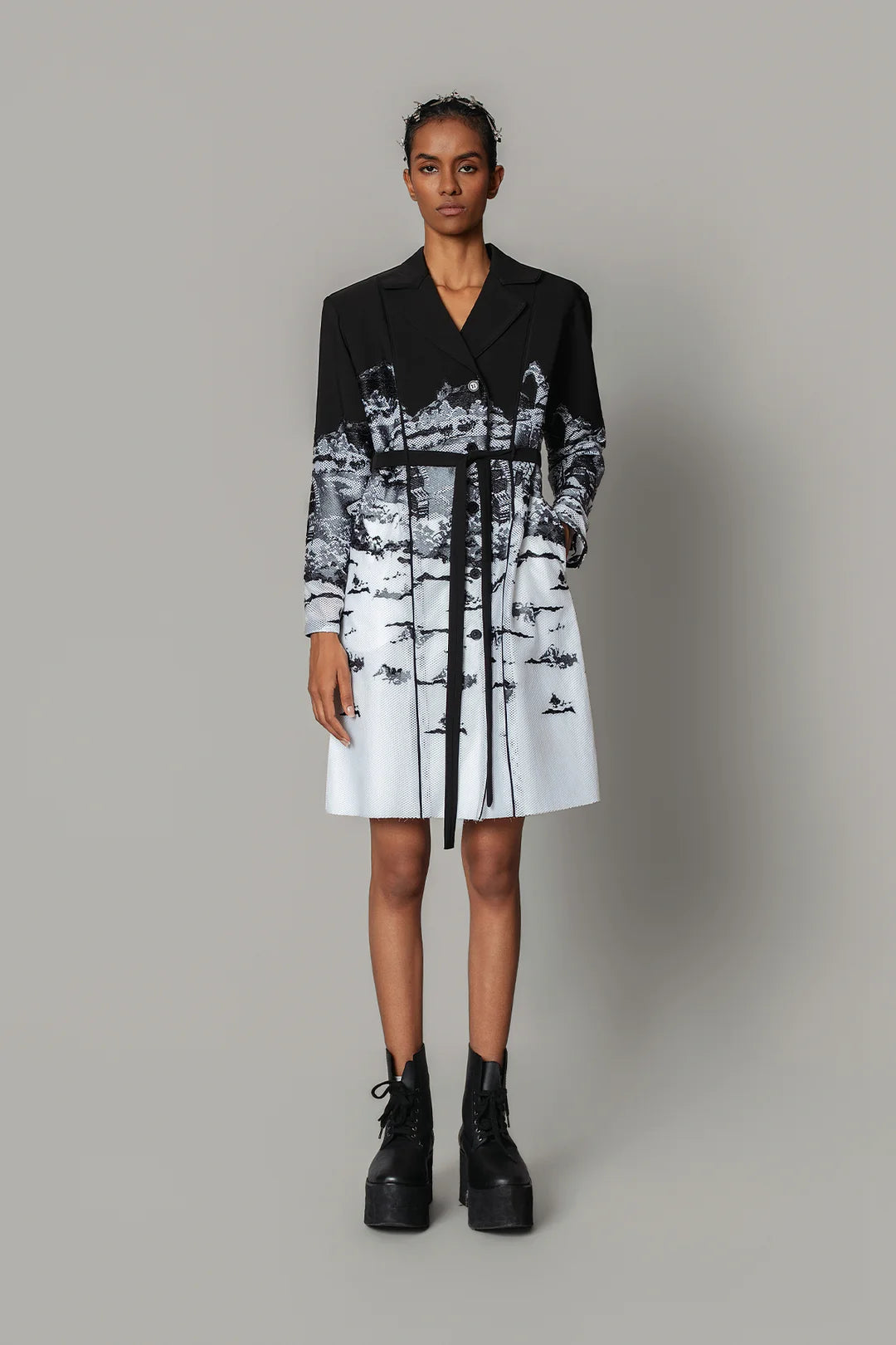 B&W Hokusai Embroidered Coat Dress
