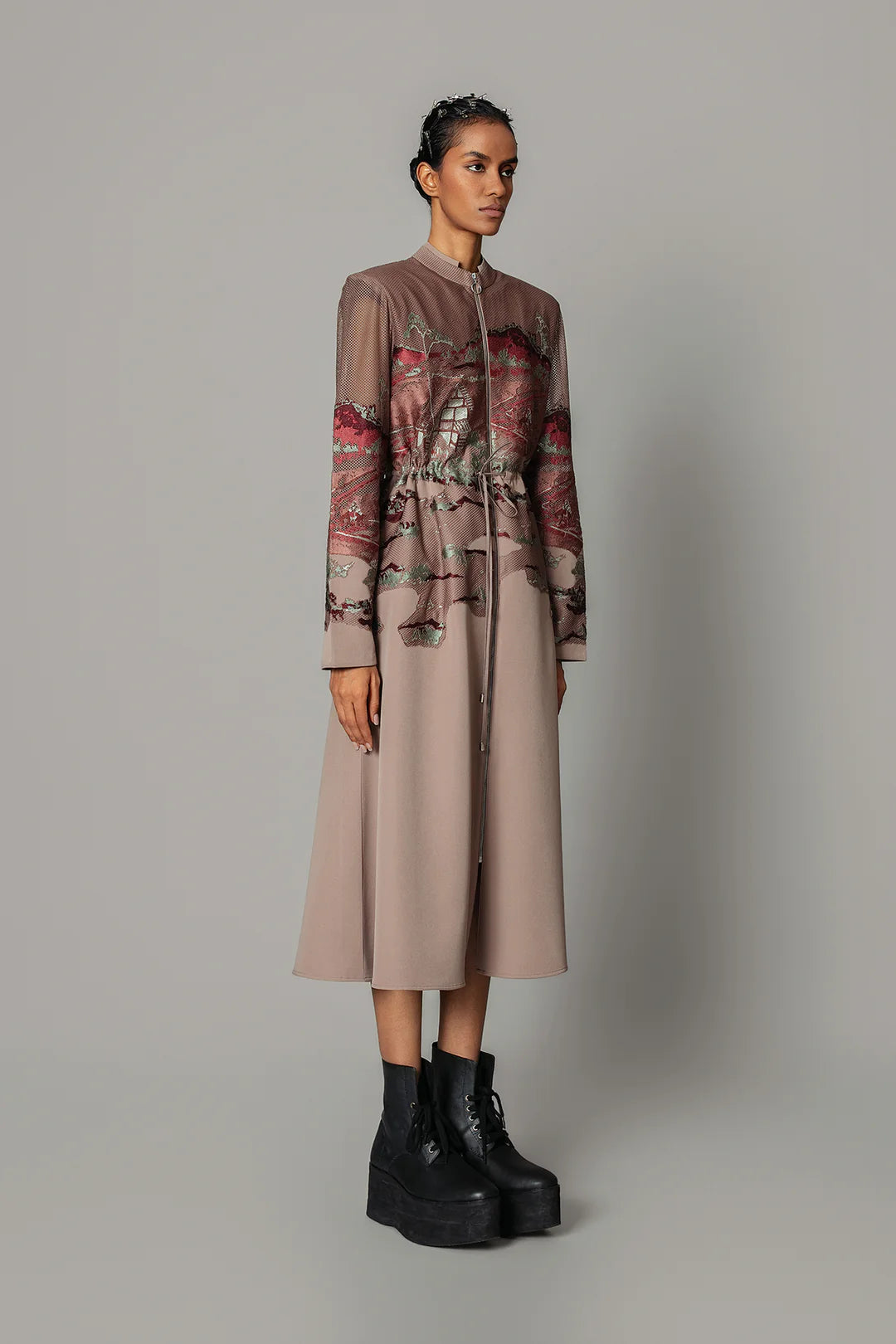 Brown Hokusai Embroidered Long Dress