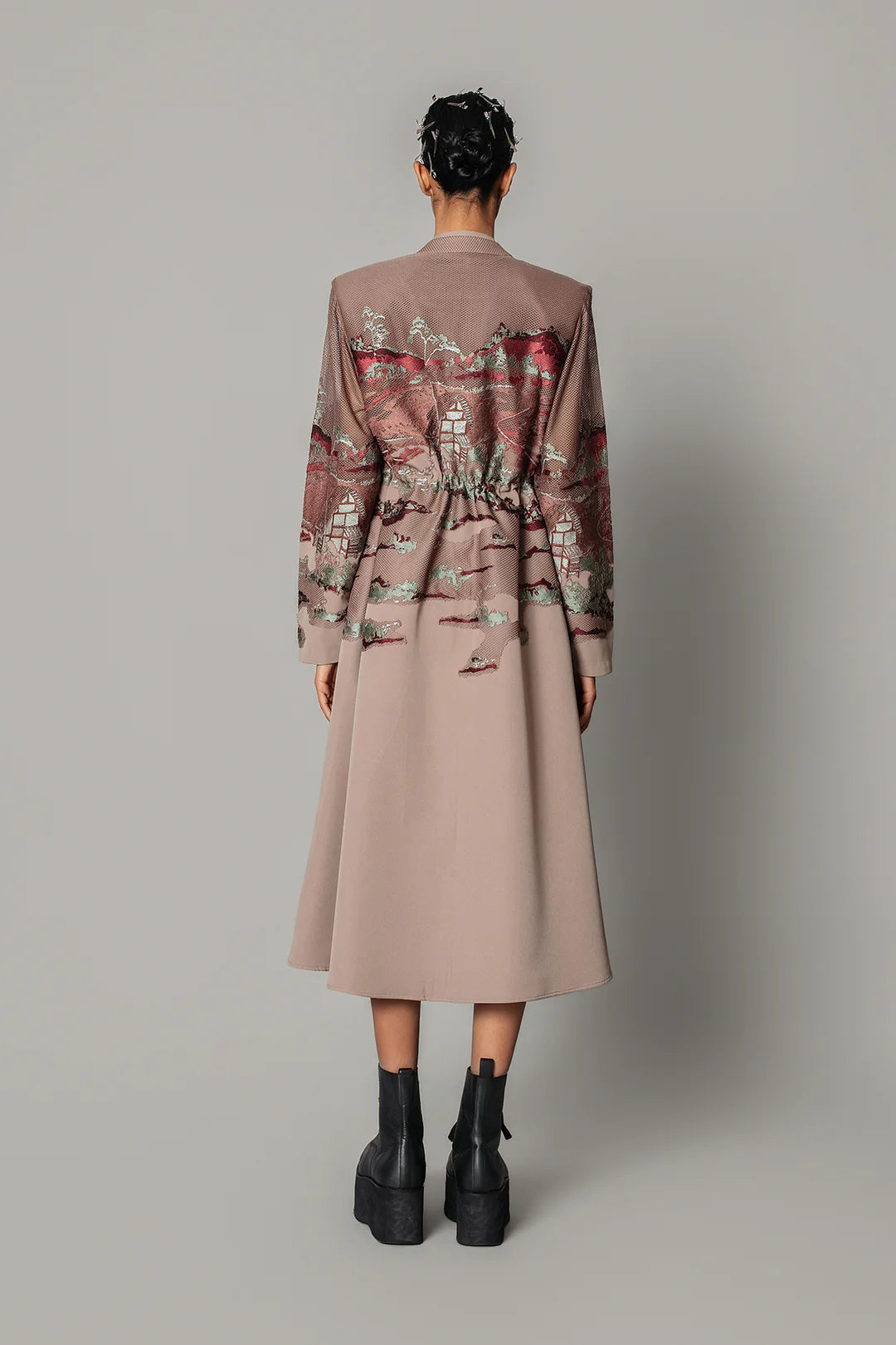 Brown Hokusai Embroidered Long Dress
