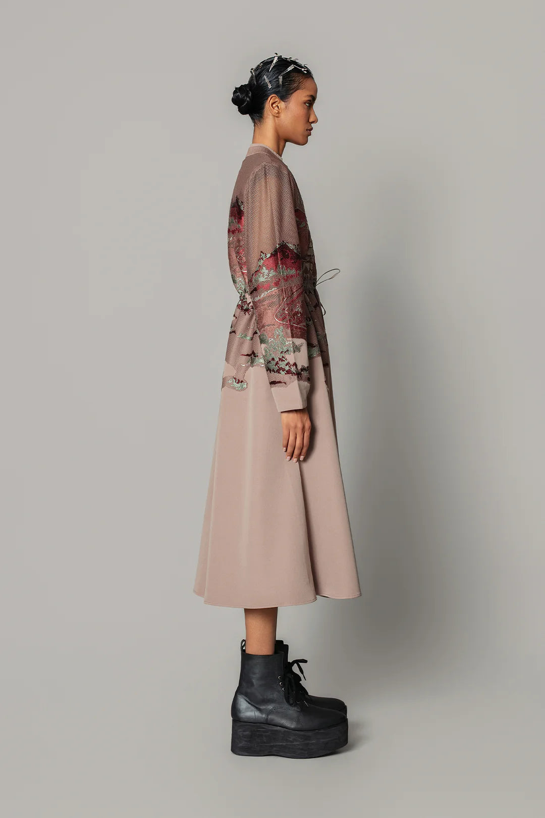 Brown Hokusai Embroidered Long Dress