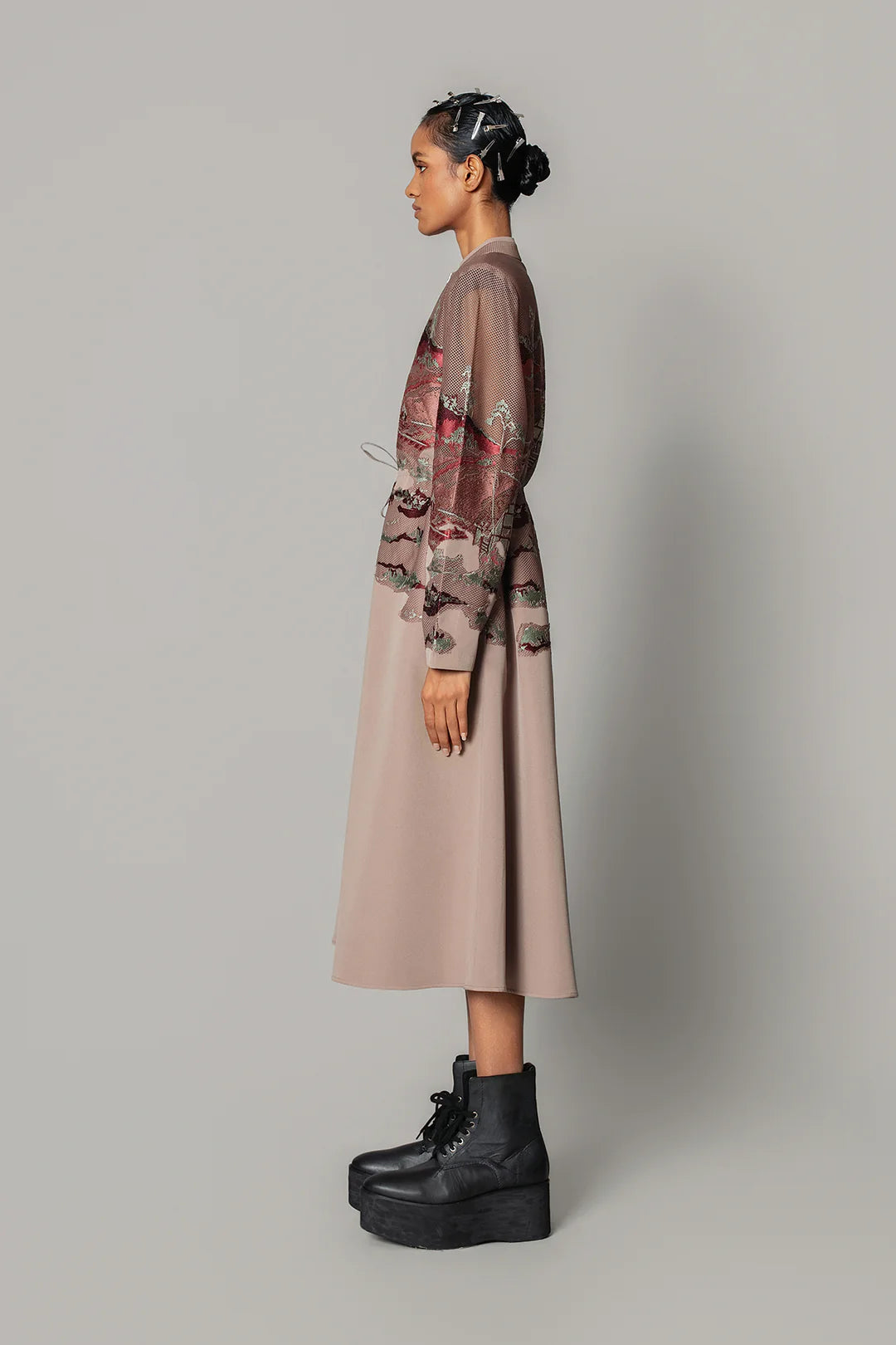 Brown Hokusai Embroidered Long Dress