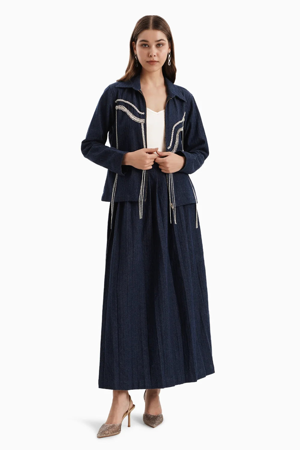 Dark Denim Herringbone Jacket and Skirt
