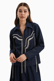 Dark Denim Herringbone Jacket and Skirt