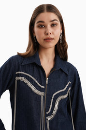 Dark Denim Herringbone Jacket and Skirt