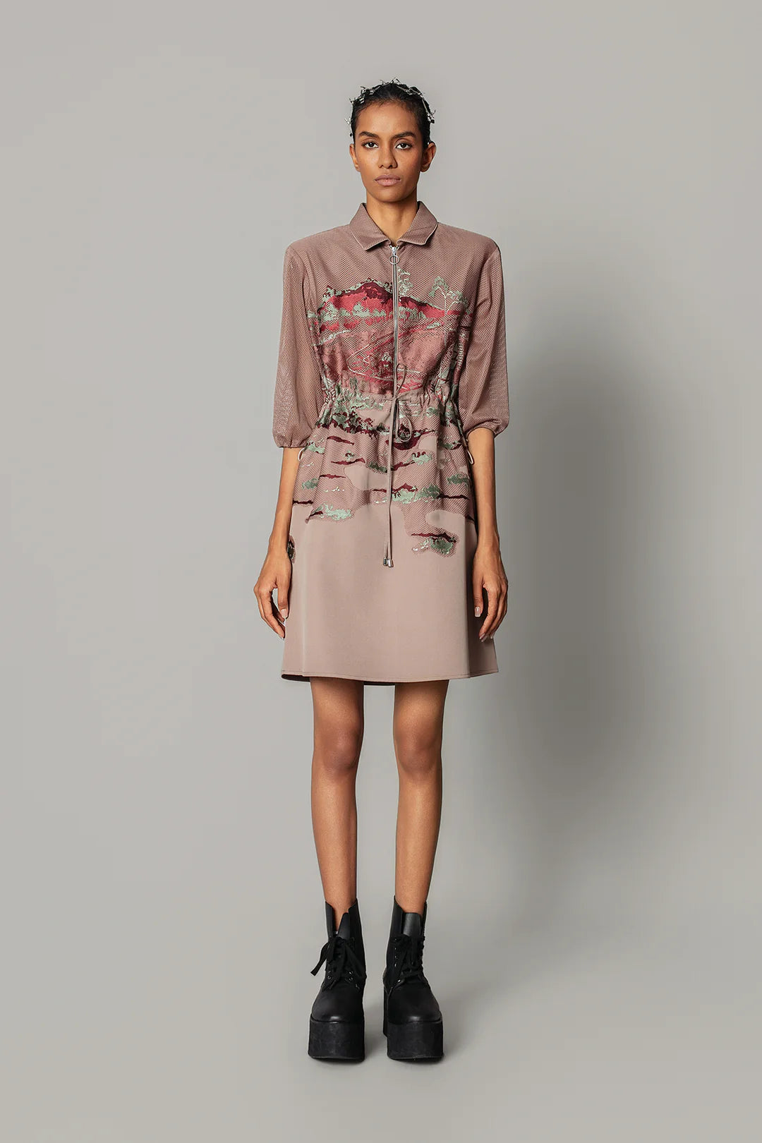 Brown Hokusai Embroidered Short Dress