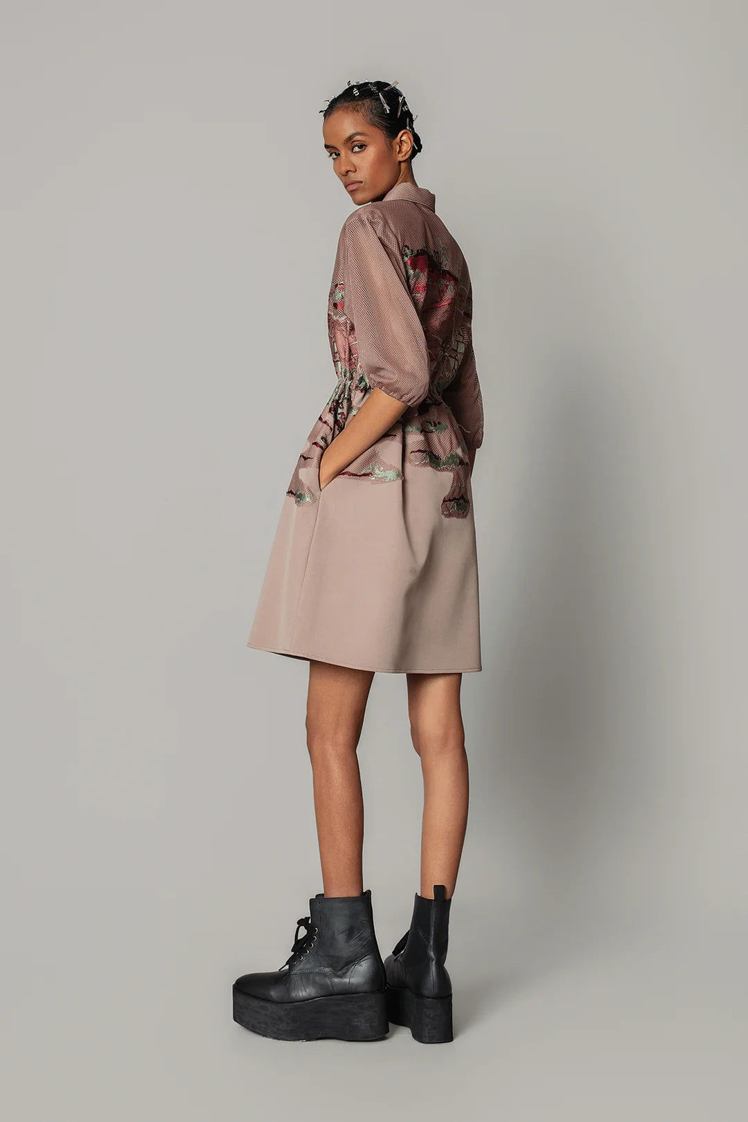 Brown Hokusai Embroidered Short Dress