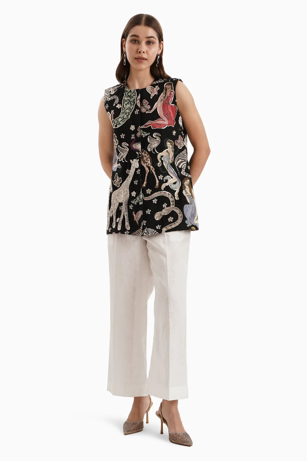 Black Animal Safari Jacket with White Linen Pants