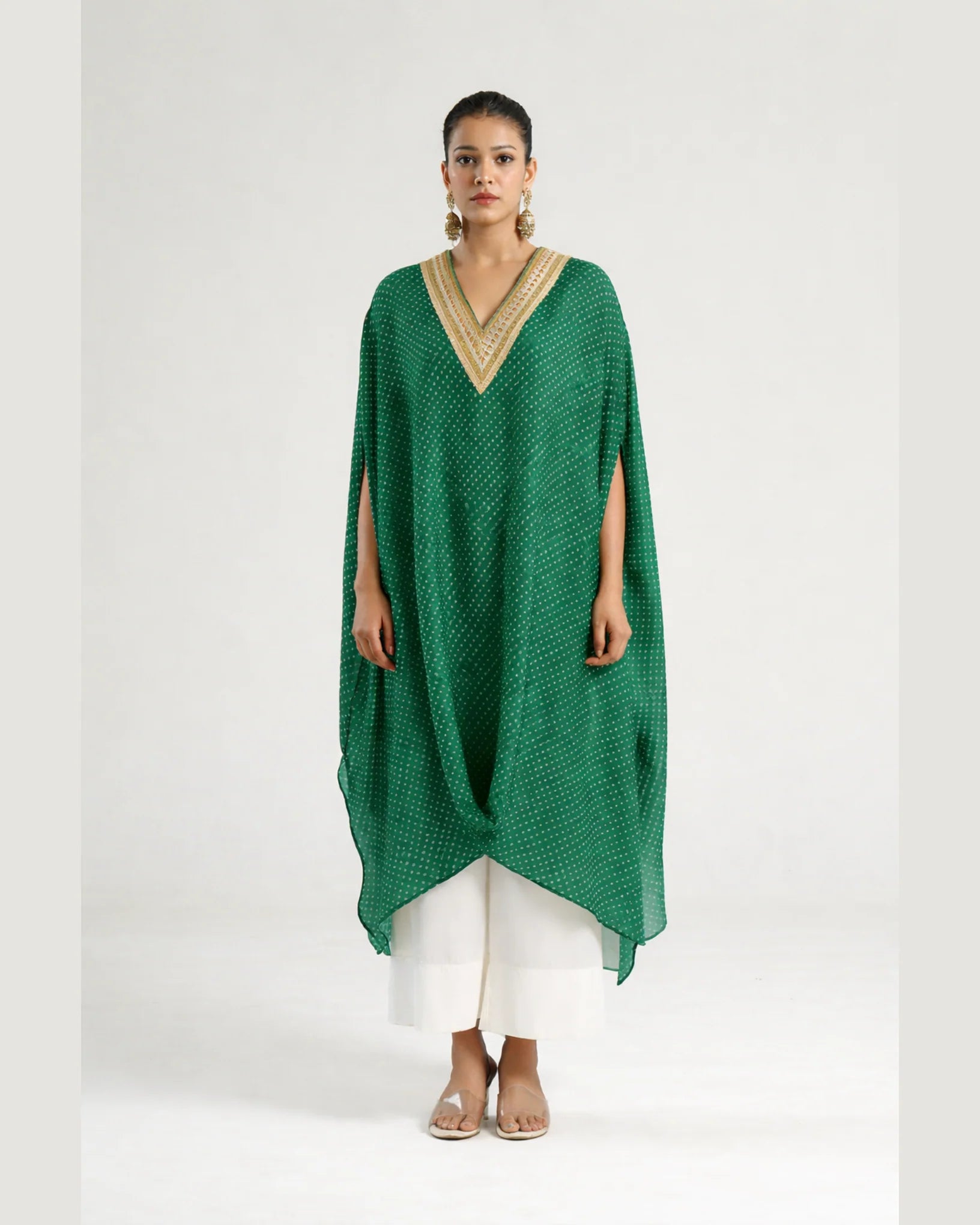 Bandhej Green & Gold V Neck Kurta Set