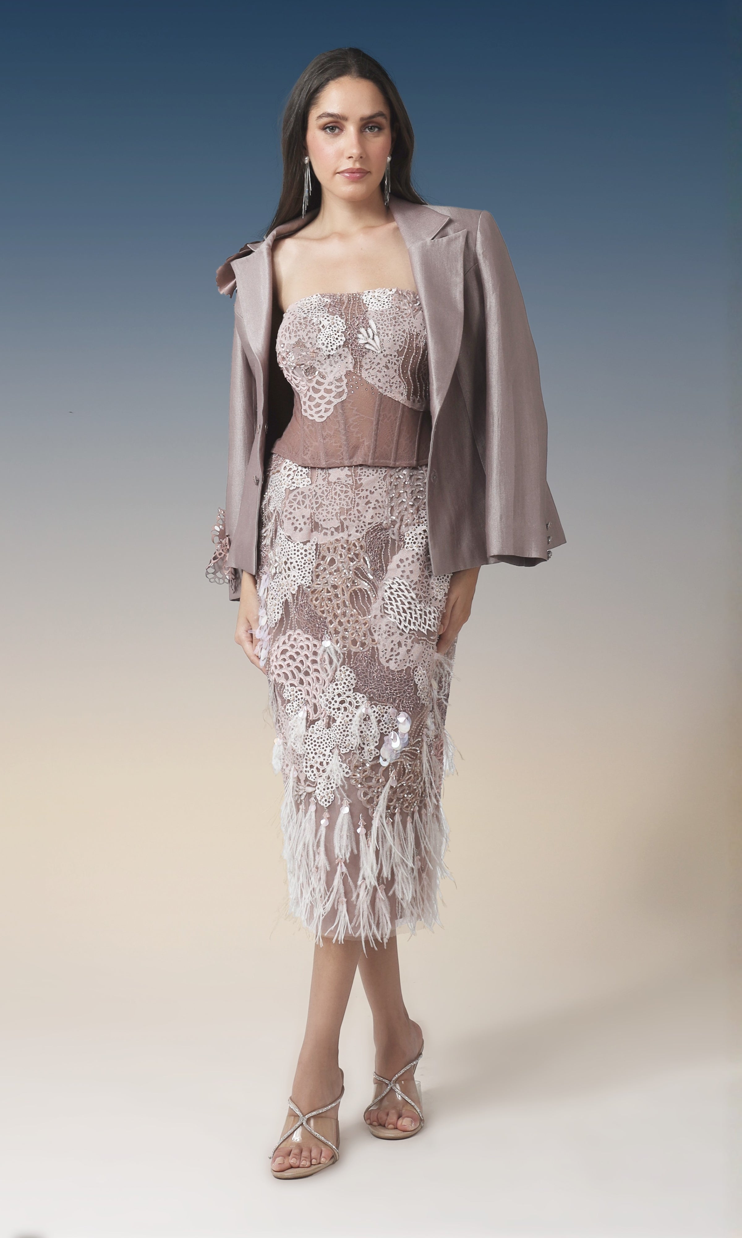 Blush Embellished Feathered Midi Dress