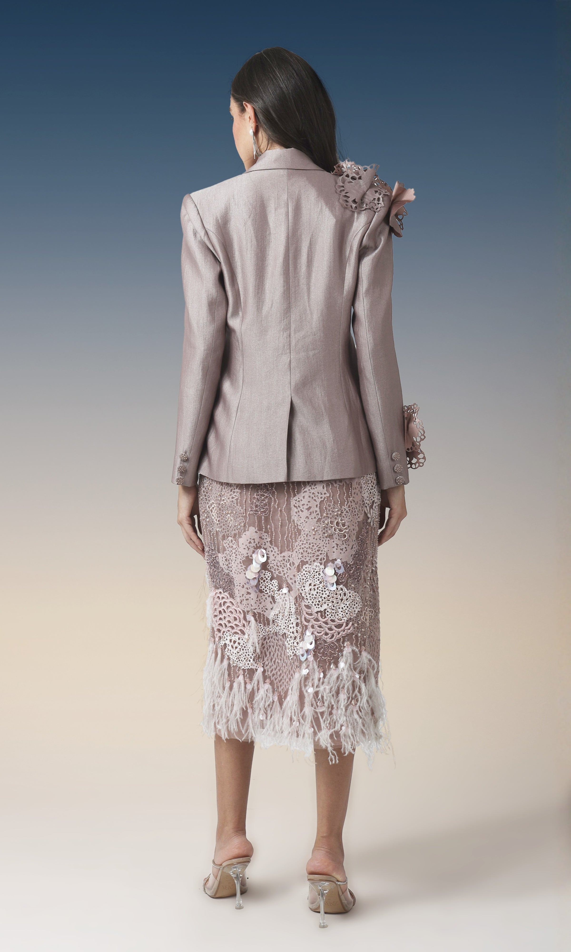 Blush Embellished Feathered Midi Dress