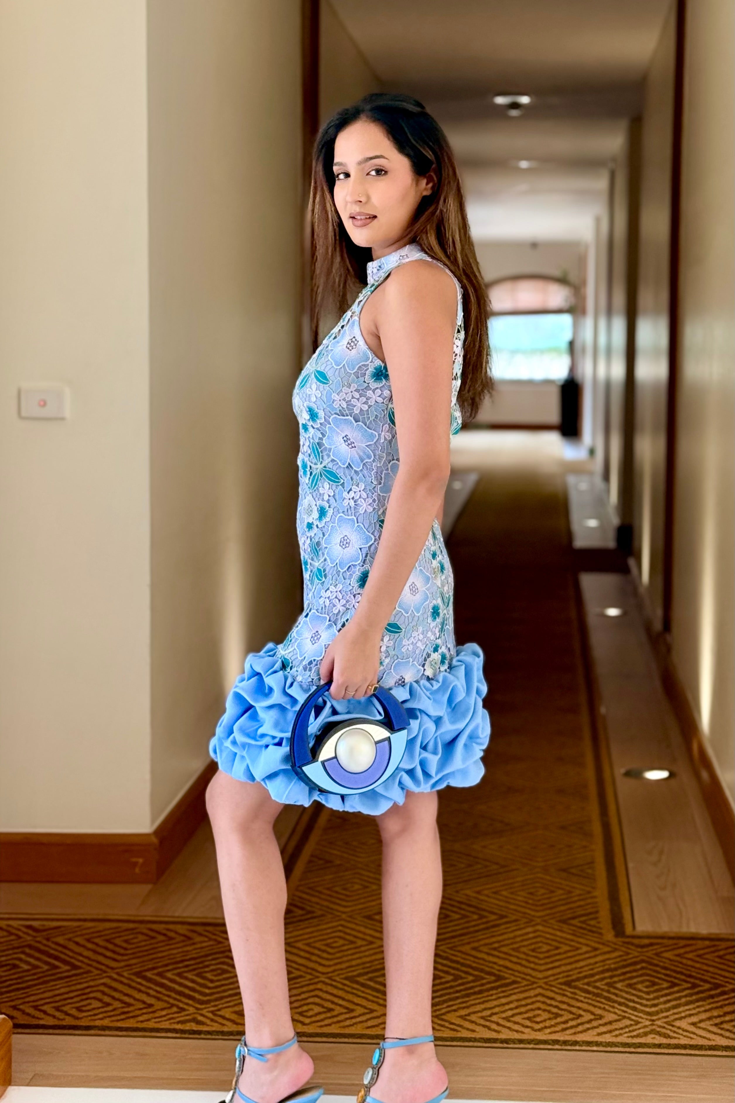 Aqua Lace Ruffle Dress