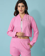 Pink Denim Jacket with Shorts