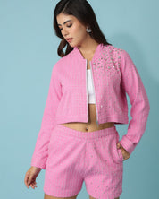 Pink Denim Jacket with Shorts