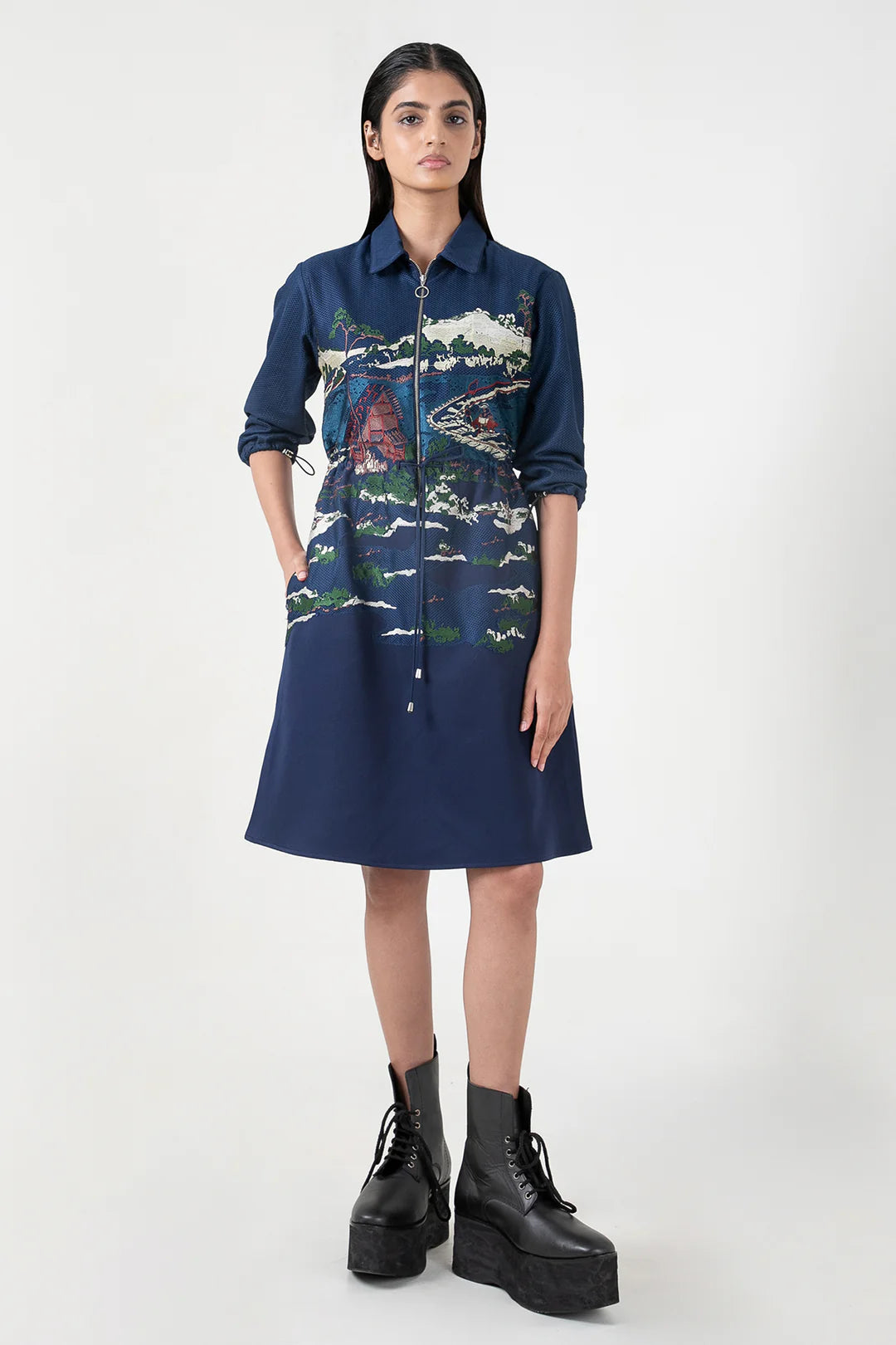 Blue Crest Applique Short Dress